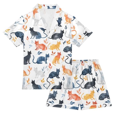 ALAZA Cat Kitten Watercolor Satin Pajamas Set Short Sleeve Button Down Sleepwear Summer Pjs 2 Piece
