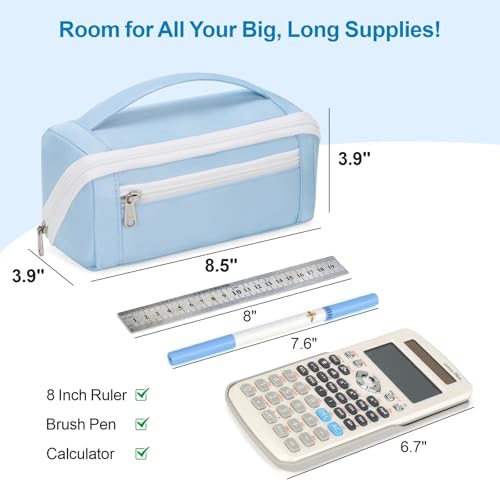 Image of Large Capacity Pencil Case - Pencil Pouch for Teen Girls & Boys, Aesthetic Pouch Organizer with 8 Compartments, Wide Opening Marker Bag for Middle High School College, Fits Calculator, Blue