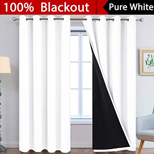 Image of Yakamok 2 Thick Layers Pure White 100% Completely Blackout Curtains Thermal Insulated Room Darkening Drapes for Bedroom(52Wx84L, Pure White, One Pair)