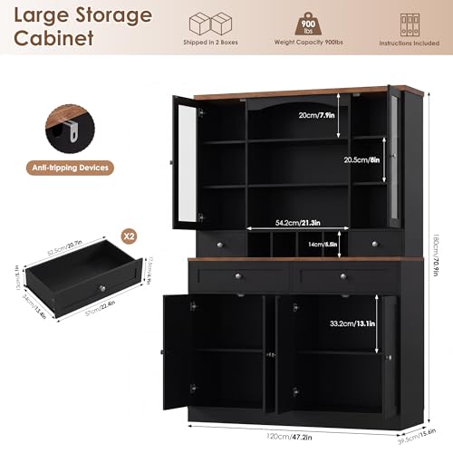 HIFIT 71\'\'Tall Food Pantry Cabinet, 47.2\'\' Wide Kitchen Hutch with 4 Drawers & Shelves & Wine Rack, Glass China Cabinet for Dining Living Room, Black