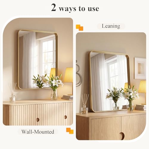 Image of Sweetcrispy Bathroom Wall Mirror, 32x24 Inch Wall Mount Mirror for Over Sink, Modern Rounded Rectangle Vanity Mirrors with Matte Metal Framed, for Home Decor, Living Room, Bedroom, Gold
