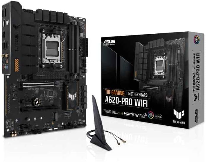 ASUS TUF Gaming A620-PRO WiFi Scheda Madre AMD ATX, DDR5, PCIe 4.0, 2 Slot M.2, Q-Latch, 12+2 DrMOS, Wi-Fi 6, Ethernet Realtek 2.5Gb, DisplayPort, HDMI, USB 3.2 Gen 2 e Type-C, Aura SYNC