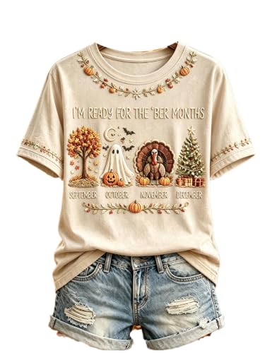Women's Vintage I'm Ready for The BER Months Print Round Neck T-Shirt (US, Alpha, Medium, Regular, Regular, Apricot)
