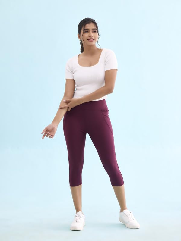 Image of GO COLORS Womens Solid Training Capri | Elastane, High Rise