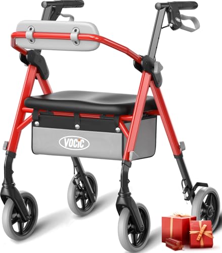 VOCIC Z11 Deambulateur 4 roues pliable leger, max 172 kg, deambulateur étroit pour appartement,Déambulateur pour personnes âgées avec poignée réglable en hauteur,Siège et dossier ergonomiques,Rouge