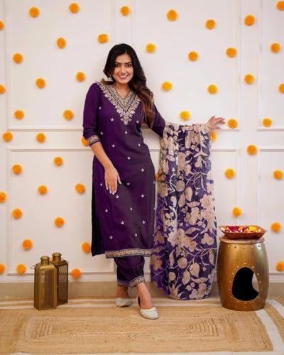 Image of Women Afghani Viscose Rayon Kurta Pant Dupatta Set with Embroidered Neck Work and Floral Print Organza Dupatta | Ethnic Straight Suit Set