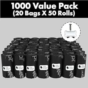 GORILLA SUPPLY Dog Poop Waste Bags with Dispenser and Leash Tie, 9″ x 13″, Black, 1000 Count