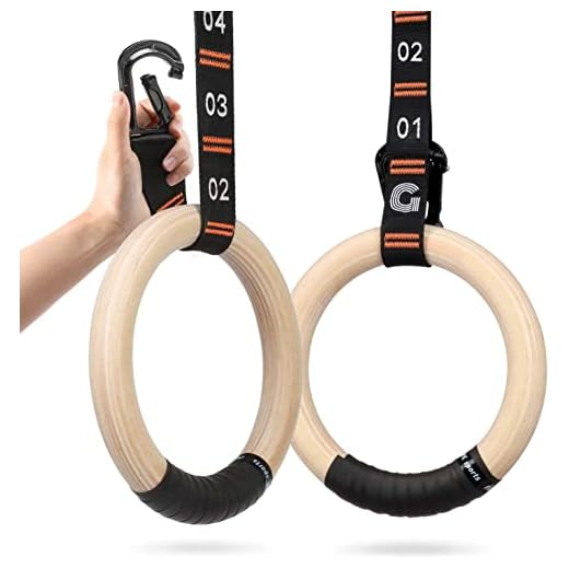 Gonex Wooden Gymnastic Rings with Adjustable Number Straps, Crossfit Rings for Gym, Workout, Exercise, Outdoor Training, Quick Install Carabiner, 8.5 ft Straps Pull Up Non-Slip Rings