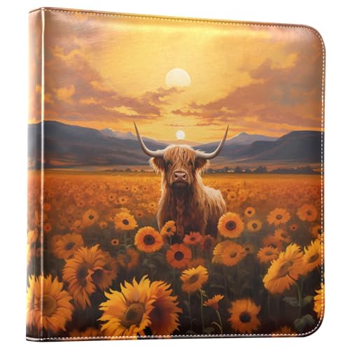 JIPONI Highland Cow and Sunflowers Large Photo Album, DIY Leather Cover Scrapbook Albums for 4x6 5x7 6x8 Pictures, Self Adhesive Memory Book for Wedding, Baby, Family