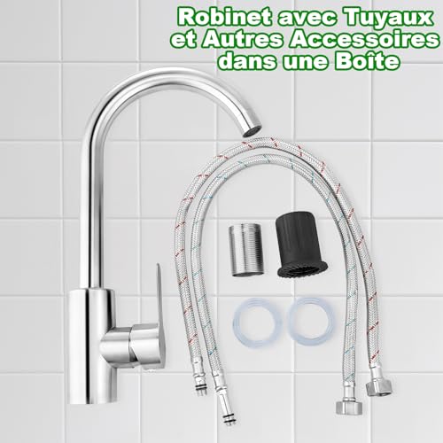 Mitigeur Cuisine avec Tuyau Flexible G3/8 x M10,Robinet Cuisine en Acier Inox avec Bec Pivotant à 360° Monocommande,Robinet Evier de Cuisine d'Arc à Sortie d'Eau Haute – vue 7