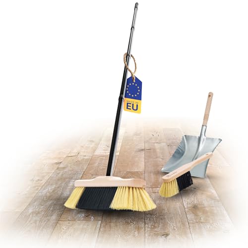 Novaliv Escoba de Habitación Con Mango Estable, Cerdas de Plástico Suaves, 4 Piezas, Mango + Recogedor de Mano de Metal Galvanizado