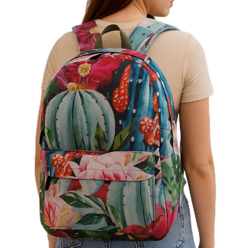 Mochila Casual Flor Floral Feminina em Nylon Leve Resistente com Bolso Externo com Zíper Alças Acolchoadas Ajustáveis Para Trabalho Faculdade Passeio Espaço Interno Amplo (Azul)
