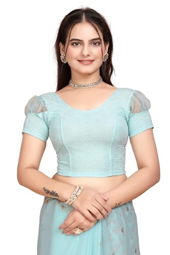 Image of SFT Women's Organza Patch Readymade Saree Blouse with Round Neck Half Sleeves Abstract Pattern Pull On Closure Regular Fit and Standard Length
