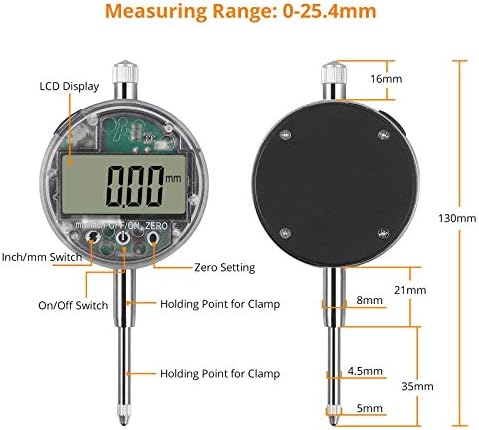 Neoteck DTI Digital Dial Indicator IP54 Waterproof with Touch Switch 0.01mm/0.0005'' DTI Gauge Dial Test Indicator 25.4mm/1'' Range Precision Measurement Indicators