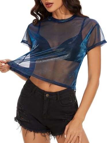 Mesh Tops for Women Short Sleeve Loose See Through Sheer Cover Up Blouse Clubwear (Metallic Shimmer Blue,2XL)