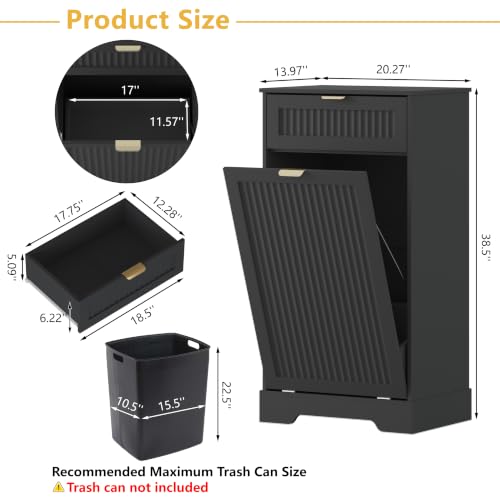 Image of Single 13 Gallon Tilt Out Trash Can Cabinet,Garbage Cabinet with Drawer | Hidden Garbage Storage with Fluted Design, Drawer & Hooks for Kitchen, Dining Room and Small Space Organization,Black
