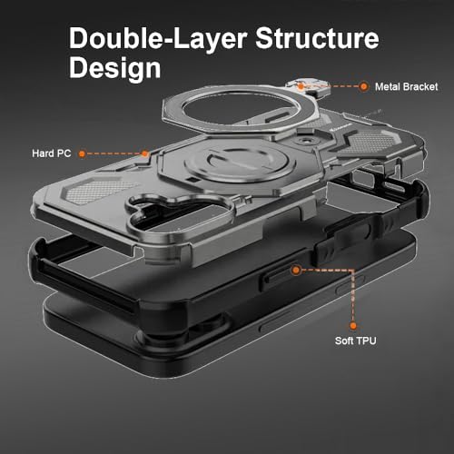 Image of KARWAN Tough Shockproof Armor Back Case Cover Compatible with iPhone 16 with 360 Degree Rotation Magnetic Attraction Ring, Holder Heavy Duty Rugged Cover with MagEaze Wireless Charging (Grey)