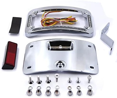 HTTMT- Motorcycle Chrome Dual LED Laydown Curved License Plate Bracket Tag Holder w/Mount Kit Compatible with 2005-2017 Softail Springer Classic FLSTSC/ 2005-2017 Softail Deluxe FLSTN [P/N: MT388A-CD]
