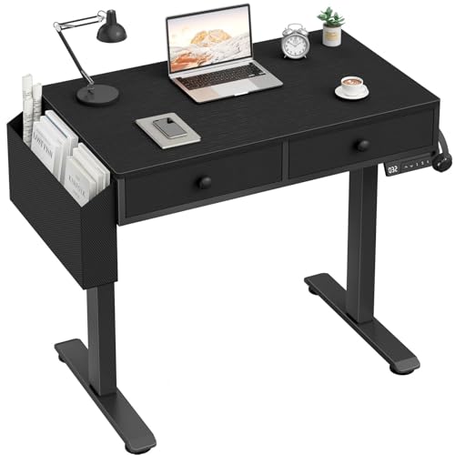 KLUVIS Electric Standing Desk with Drawers - 32 Inch Small Black Height Adjustable Sit Stand Desk with Storage for Home Office Bedroom, Study Writing Compact Stand up Computer Desks for Boys Girl Work