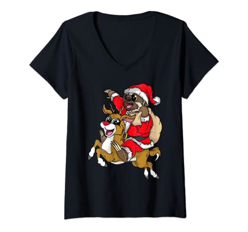 Mujer Santa Pereza Montando Reno Rudolph Navidad Feliz Pereza Camiseta Cuello V