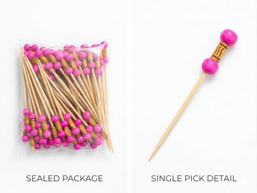 Image of Somani Decorative Bamboo Cocktail Picks Pink Bead | Double Ball Topper Fancy Food Picks for Appetizers, Drinks & Garnish | Cafe, Lounge, Bakery, Catering & Home Entertaining | Pack of 100
