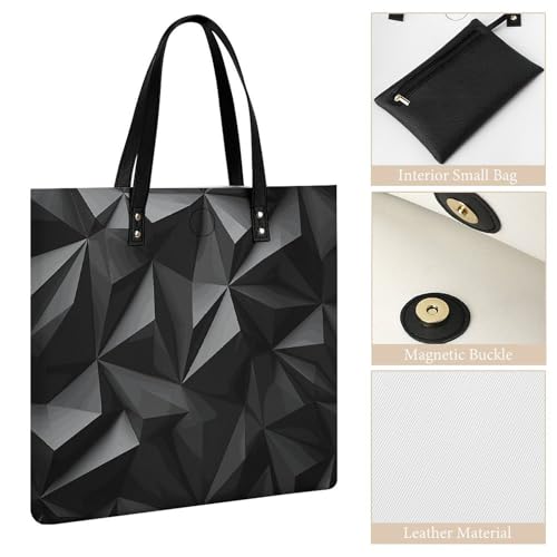Black Geometric Handbag Leather Tote Shoulder Bag Satchel Handbag with Top Handles Large Casual Handbags with Shoulder Work Bag for Women Travel Purse Dating Gift3