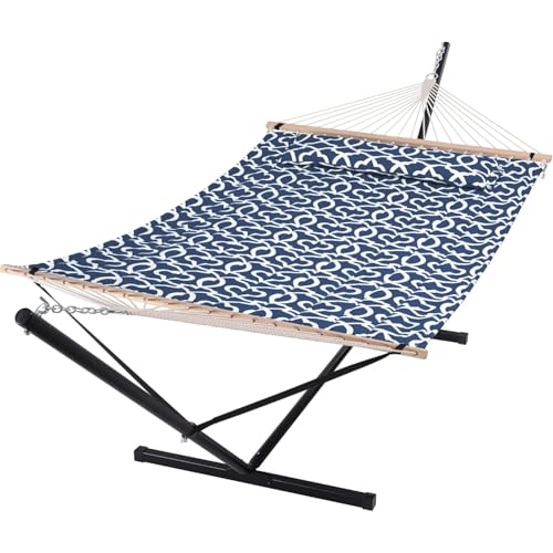 Image of SUNCREAT Two Person Hammock with Stand, 475 lbs Capacity, Portable Patio Hammock with Hardwood Spreader Bar, Large Soft Pillow, Blue Pattern