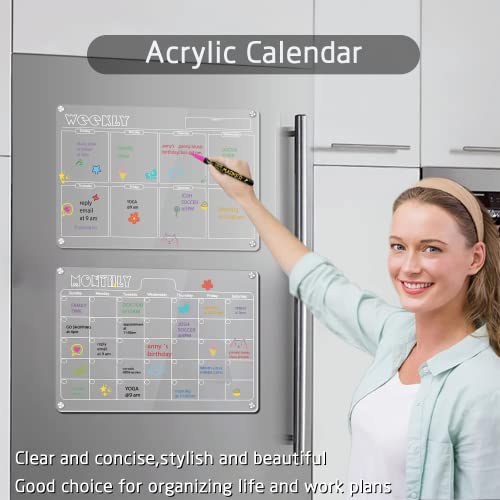 Hivillexun 17"X12" Clear Acrylic Magnetic Dry Erase Board With Monthly & Weekly Planner, 6 Markers & Large Eraser For Refrigerator Organization #TOP4