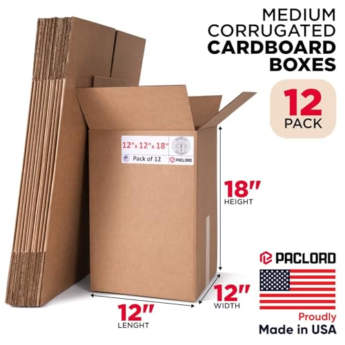 Image of Tall Cardboard Boxes 12 inchL x 12 inchW x 18 inchH (Pack of 12) - USA-Made Packing Boxes for Moving, Shipping, or Storage - USPS, UPS, FedEx Approved - Professional Packing Supplies for Moving