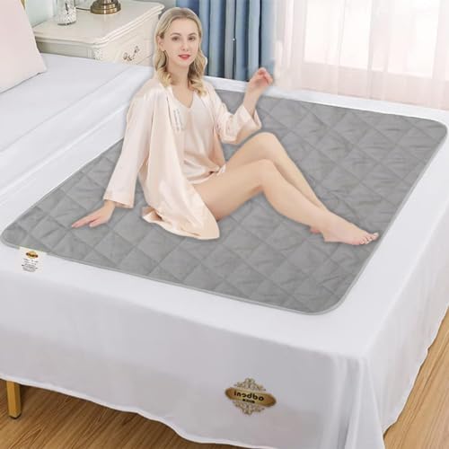 Image of Quilted Cotton Waterproof Washable Incontinence Bed Pad, 48x48 Inch Grey, Ecofriendly, Absorbent, Non-Slip Plaid Positioning, Leak Proof & Stain Free, Multi Purpose Utility Sheet