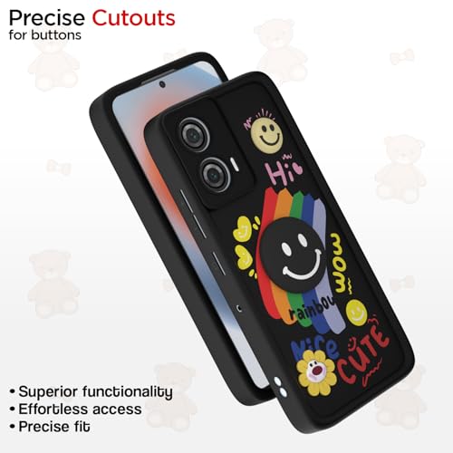 Image of Pikkme Back Cover for Motorola Moto Edge 50 Fusion 5G / Moto G96 5G | Soft Silicone| Cute Rainbow Smile & 3D Cartoon Flower Design | Shockproof Raised Camera Protection Bumper Case (Black)
