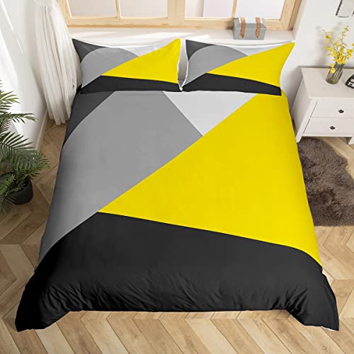 Homewish Housse de Couette 140x200 Jaune Gris Noir, Parure de Lit Géométrique Patchwork, Housse Couette Triangle Géométrique pour Enfants Filles, Couvre...