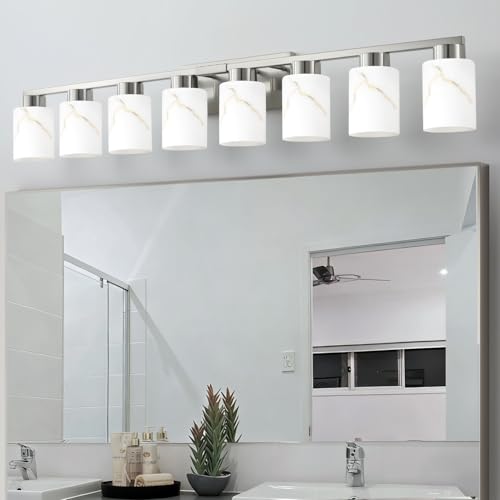 Image of 8-Light Bathroom Light Fixtures, Modern Vanity Lights, Brushed Nickel Metal Wall Lamp with White Marble Glass for Bathroom, Mirror, Living Room, Bedroom, Cabinet, Porch, Hallway, E26 Base