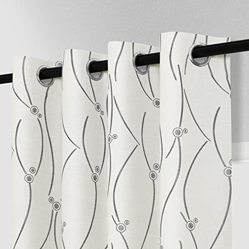 Linen Textured Curtains 84 Inches Long Embroidered Curtains For Living Room Light Reducing Room Darkening Window Curtains For Bedroom Cream Modern Farmhouse Draperies Grommet Black Geometric Jacquard #TOP15