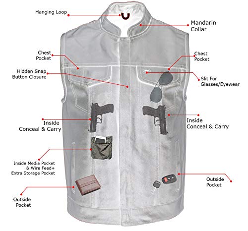 Usa Leather 1205 Black Combat Motorcycle Leather Vest With Gun Pocket For Men - Real Genuine Cowhide (Black, X-Large) #TOP4