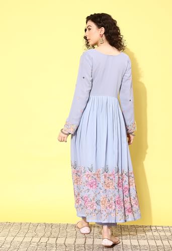 Image of LYMI LABEL Kurta Set For Women - Lavender Zari Sequence Embroidered Anarkali Alia Cut With Floral Print Kurta Pant Set