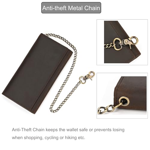 LUUFAN Genuine Leather Tri-fold Long Wallet with Anti-theft Chain for Men Vintage Cash Coin Credit Card Purse with ID Window — view 5