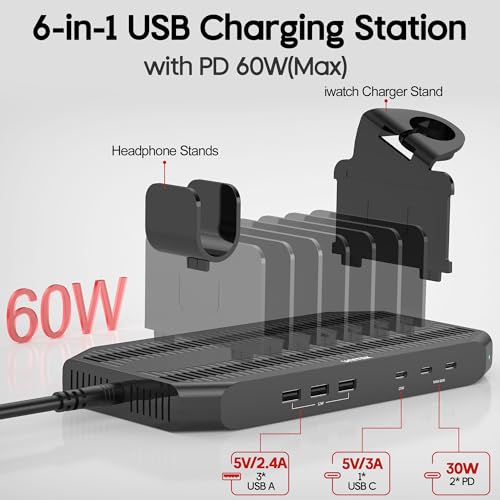 Image of Unitek USB C Charging Station for Multiple Devices Apple - 6 Port MacBook Laptop Charging Dock with Type-C PD 60W Fireproof Fast Charging Stand with Smartwatch & Airpods Holder for iPhone iPad Tablet