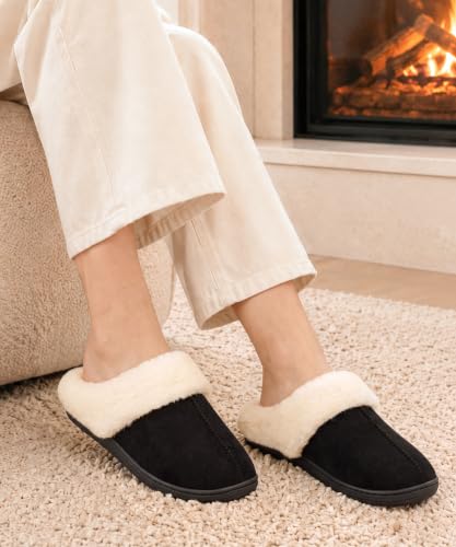Image of Evshine Women's Memory Foam Fuzzy Slippers Cozy House Shoes | Wool-Like Faux Fur Lining, Non-Slip rubber sole, Warm Winter Slippers Indoor & Outdoor, Great Christmas Gift