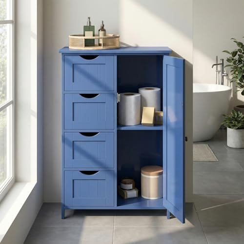 VASAGLE Badezimmerschrank, schmaler Badschrank, Beistellschrank, Kommode, mit 4 Schubladen, Schranktür, verstellbare Ablage, 30 x 55 x 82 cm, hafenblau LHC041QE02