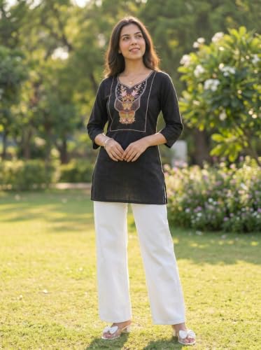 Image of Cotton Blend Embroidered Straight Kurta for Women | Cotton Blend | 3 /4 Sleeve | Round Neck V-Slit | Ethnic Wear Casual Wear