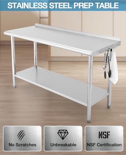 60" x 24" Stainless Steel Prep Table, NSF Metal Work Table with Backsplash, Adjustable Undershelf, 5 Hooks, Heavy Duty Workbench Workstation for Home Kitchen Restaurant