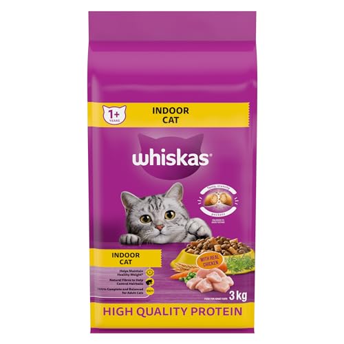 WHISKAS Adult Dry Cat Food – Indoor With Real Chicken, 3kg Bag