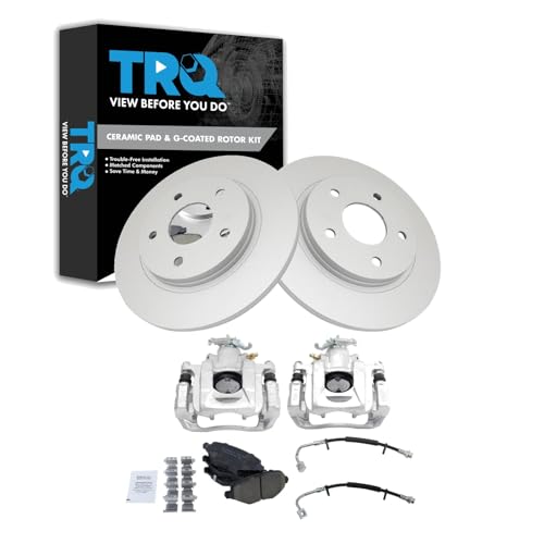 Image of TRQ Rear Brake Pad and Rotor Set Ceramic G Coated Rotors Calipers Compatible with 2012-2016 Chrysler Town and Country Grand Caravan 2012-2015 Ram Cargo Van 2013-2014 Volkswagen Routan