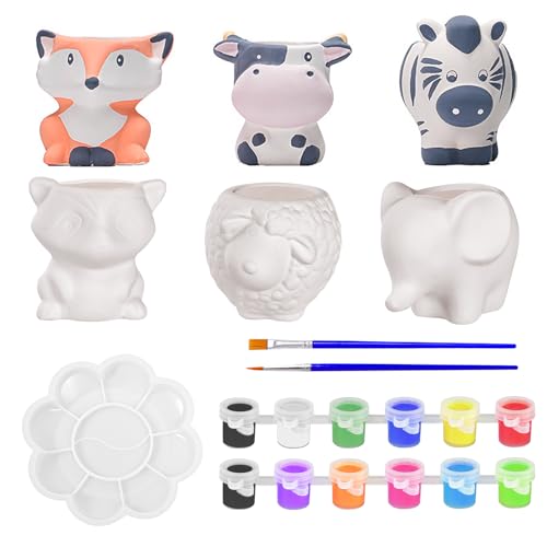 Noaya Paint Your Own Ceramic Planter - 6 Pcs Cute Pottery Painting Kit for Succulent Planter Paintable Plant Pot Sets DIY Ceramic Flower Pots Pottery Kit for Adults Desk DIY Activity Home Decor