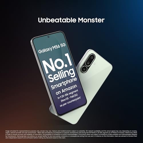 Image of Samsung Galaxy M56 5G Mobile (Light Green,8GB RAM,128GB Storage)| Segment Slimmest | Gorilla Glass Victus+| 10 Bit HDR Video| 50MP Camera| AI | Vapour Cooling Chamber| Lag-free Gaming| Without Charger