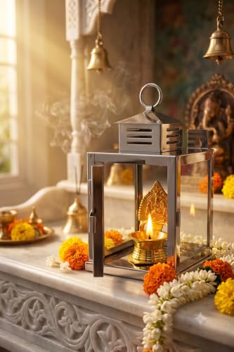 Image of Nakshathra Stainless Steel Wall Mounted Oil Lamp with Glass Cover, Deepam Lid, Windproof Hanging Diya Lantern for Home & Temple Pooja, Ideal for Decorating Indoor and Outdoors (Small)