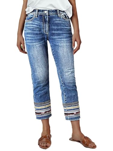 Flamingals Straight Leg Cropped Jeans for Women Trendy Mid Rise Stretchy Tribal Embroidery Raw Hem Ankle Jeans