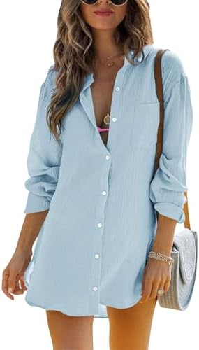 Cicy Bell Damen Langärmel Bluse Sommer Musselin Tops Strandkleid