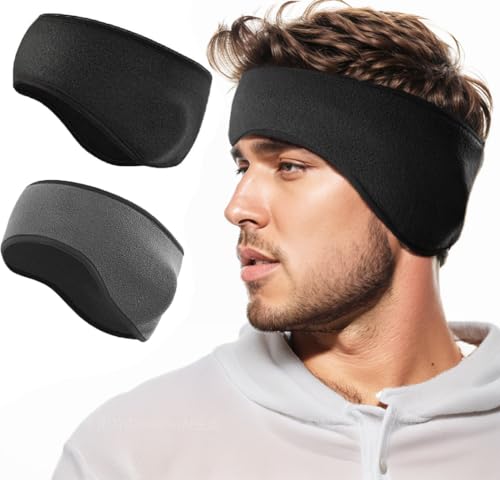 H HOME-MART Polar Fleece Ear Warmers Headbands for Men Women,Warm Ear Muffs Winter Headband, Best for Running Skiing Yoga Riding (Grey+Black)